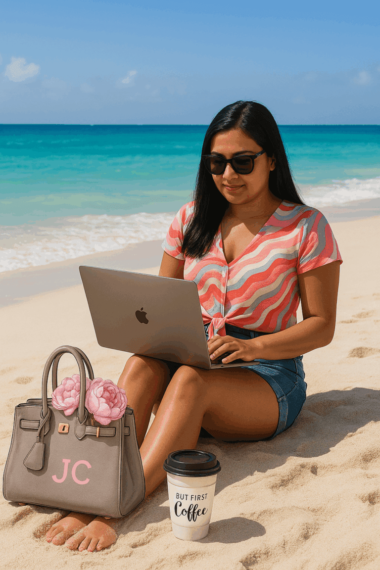 Johana Cardona trabajando desde la playa, mostrando cómo alcanzar la libertad financiera y de ubicación como emprendedora digital latina.